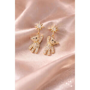 Gold Teddy Bear Drop Earrings – Star Stud Rhinestone Coquette Style NWT